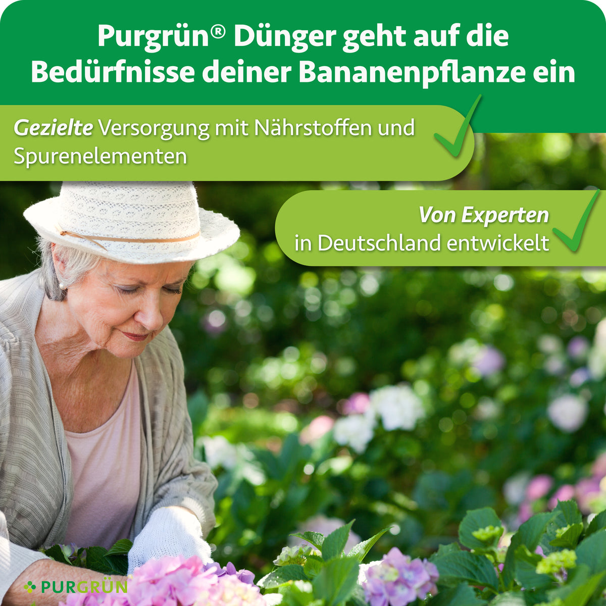 Purgrün Bananendünger: gezielte Versorgung mit Nährstoffen und Spurenelementen, von Experten in Deutschland entwickelt.