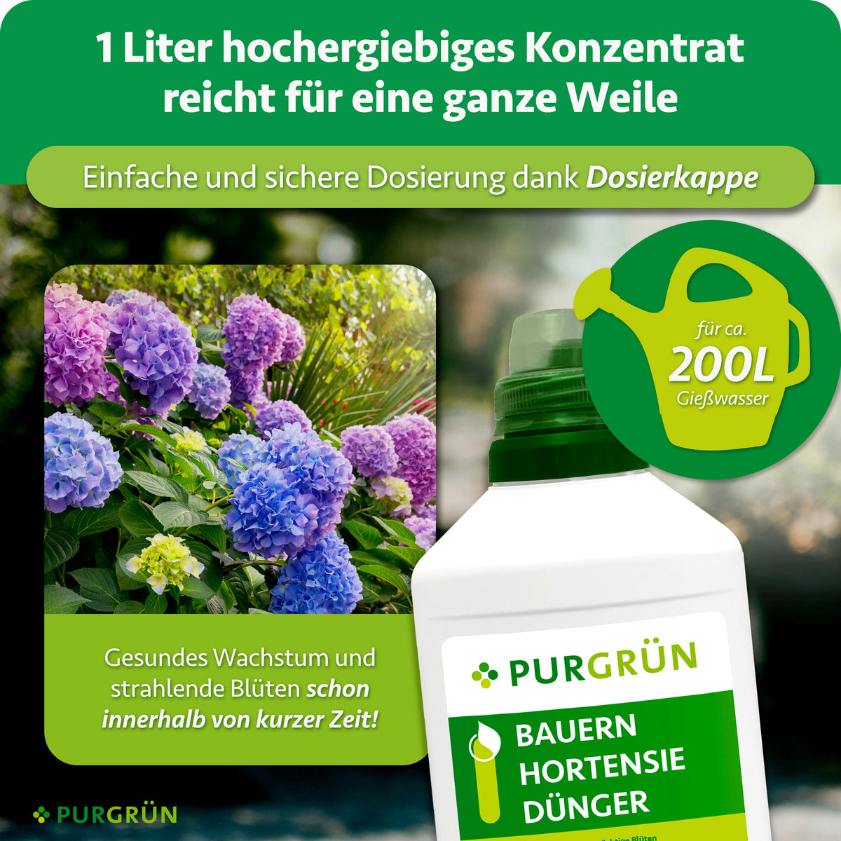1 Liter hochergiebiges Konzentrat reicht für ca. 200 Liter Gießwasser und lässt sich mit der Dosierkappe einfach dosieren.