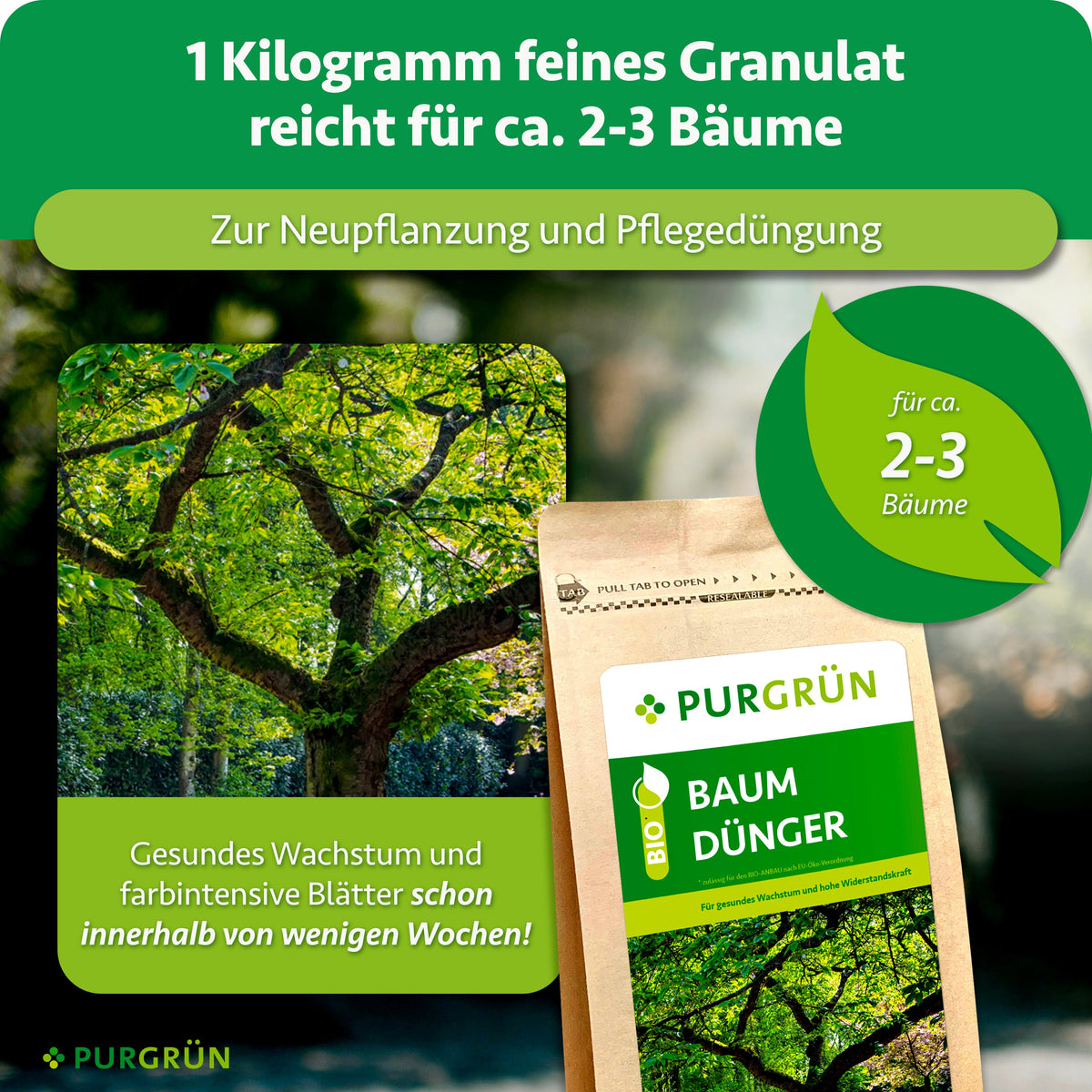 1 kg feines Granulat reicht für ca. 2–3 Bäume und eignet sich zur Neupflanzung sowie Pflegedüngung.