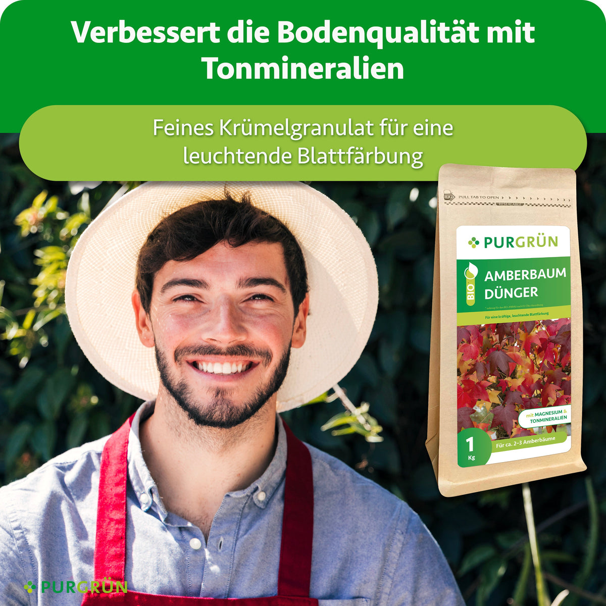 Tonmineralien verbessern die Bodenqualität; feines Krümelgranulat unterstützt eine leuchtende Blattfärbung.