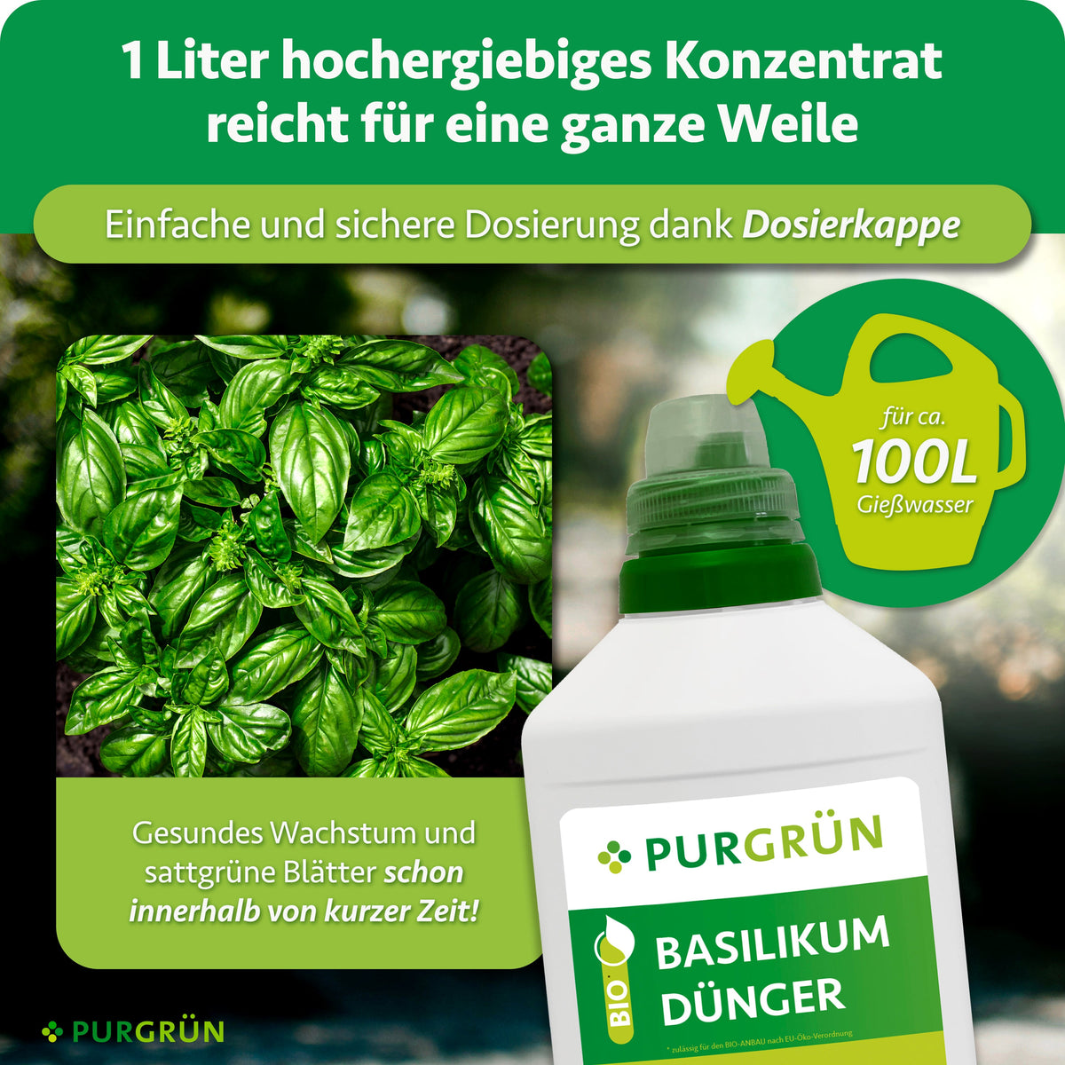 1 Liter Konzentrat reicht laut Grafik für ca. 100 Liter Gießwasser; die Dosierkappe ermöglicht eine einfache und sichere Dosierung.