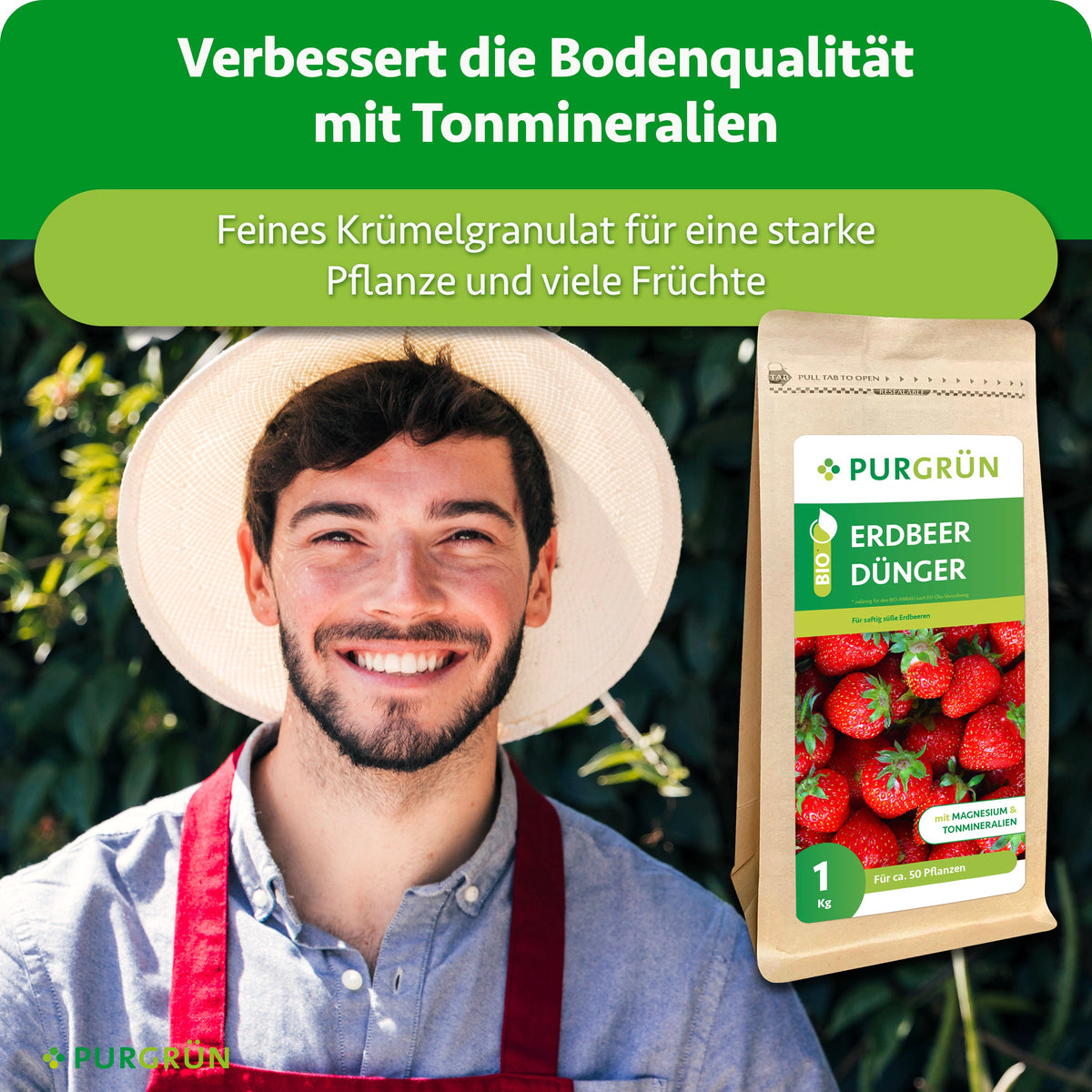 Bio-Erdbeerdünger mit Tonmineralien zur Verbesserung der Bodenqualität; feines Krümelgranulat für starke Pflanzen und viele Früchte.