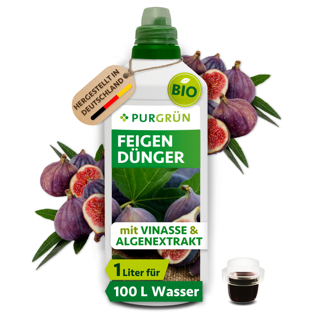 1-Liter-Flasche Purgrün Bio-Feigendünger mit Dosierkappe, ausreichend für ca. 100 Liter Gießwasser.