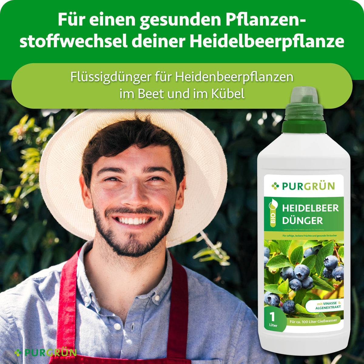 Flüssiger Bio-Heidelbeerdünger für einen gesunden Pflanzenstoffwechsel bei Heidelbeerpflanzen im Beet und Kübel.