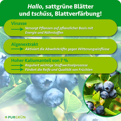 Vinasse liefert pflanzliche Energie und Nährstoffe, Algenextrakt unterstützt die Abwehrkräfte gegen Witterungseinflüsse. 7 % Kalium regulieren Stoffwechselprozesse und fördern Reife und Fruchtqualität.