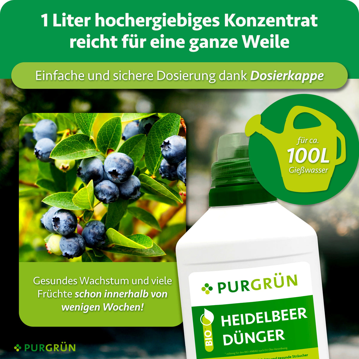 1 Liter Konzentrat reicht dank Dosierkappe für ca. 100 Liter Gießwasser.