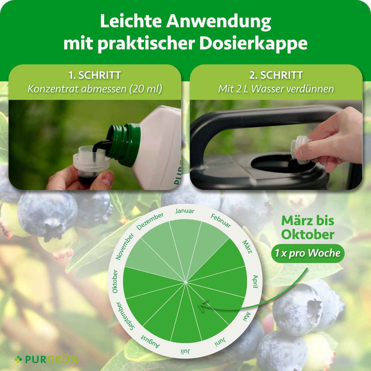 Anwendung von März bis Oktober einmal pro Woche: 20 ml Konzentrat abmessen und mit 2 Litern Wasser verdünnen.