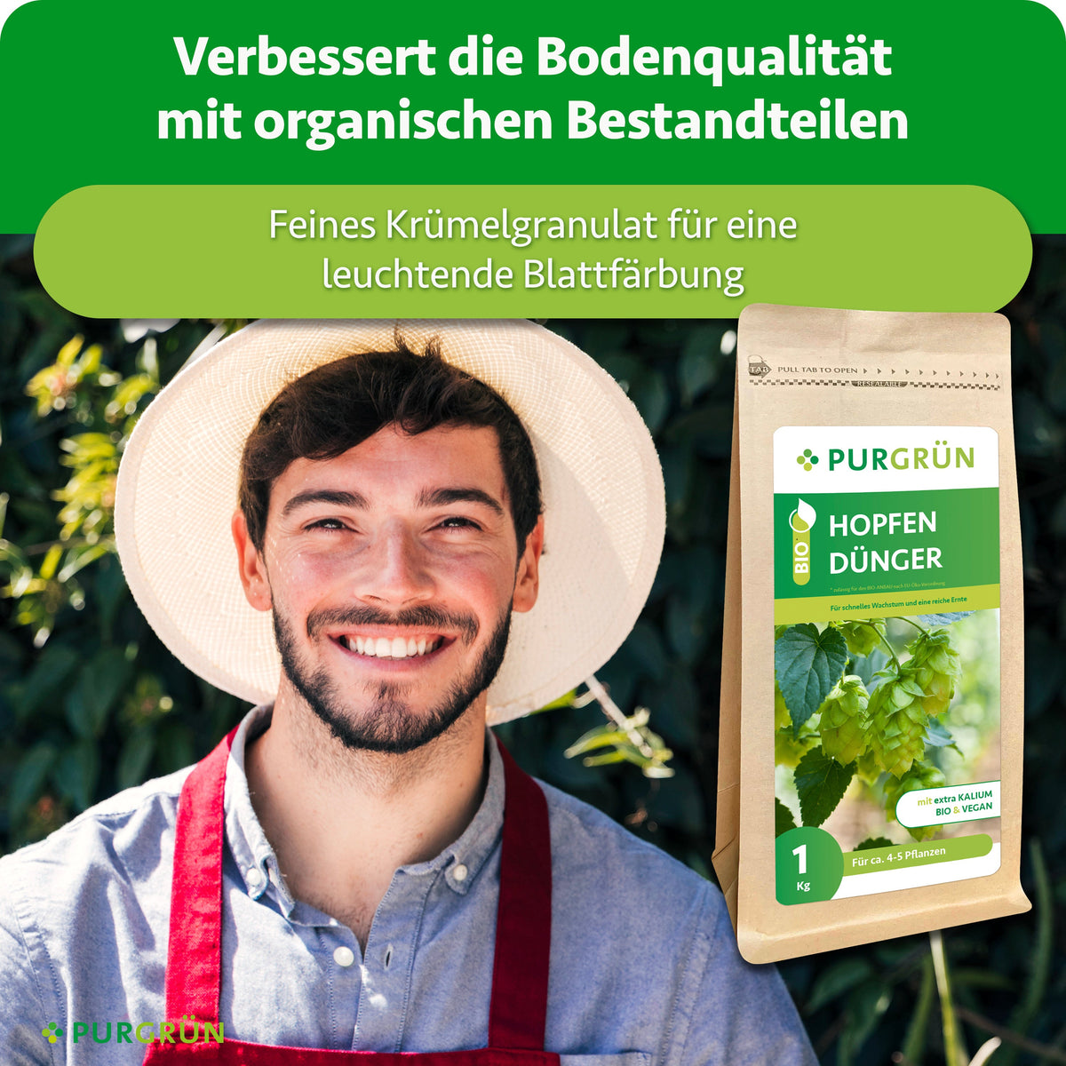 Der Bio-Hopfen-Dünger verbessert die Bodenqualität mit organischen Bestandteilen; feines Krümelgranulat sorgt für eine leuchtende Blattfärbung.