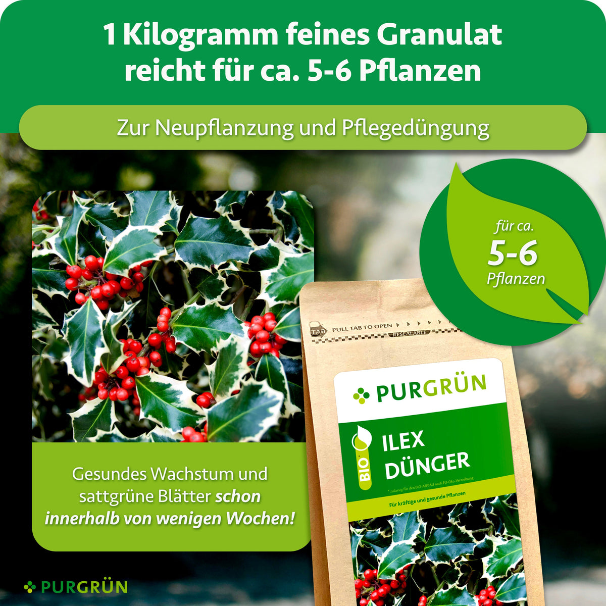 1 kg feines Granulat reicht für ca. 5–6 Pflanzen und eignet sich zur Neupflanzung und Pflegedüngung.