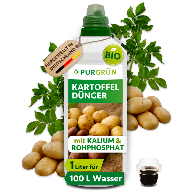 1-Liter-Flasche Purgrün Bio-Kartoffeldünger mit Dosierkappe, Kartoffeln und Kartoffelpflanze; Konzentrat für ca. 100 Liter Gießwasser.
