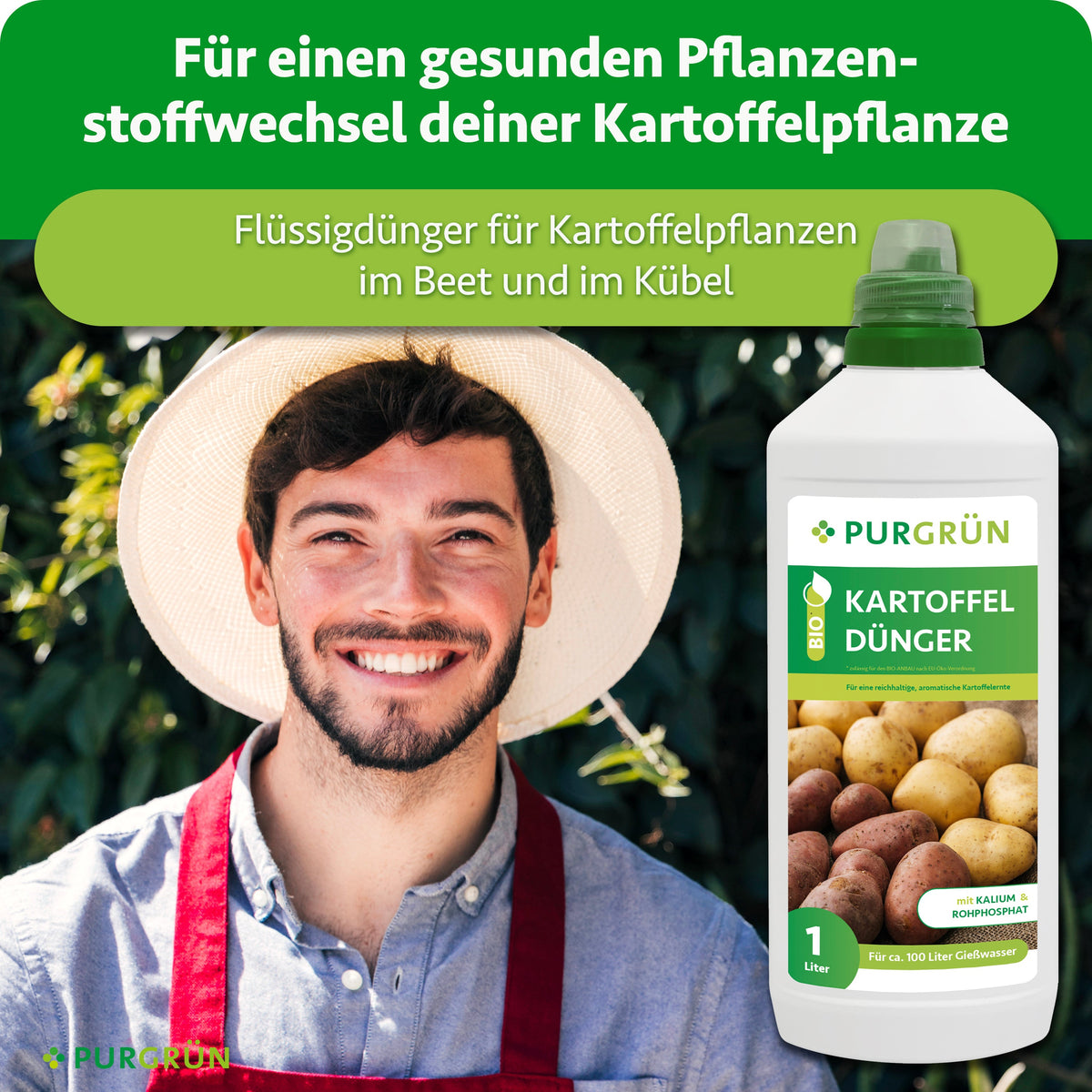 Gärtner neben einer Flasche Purgrün Bio-Kartoffeldünger; Flüssigdünger für Kartoffelpflanzen im Beet und im Kübel, für einen gesunden Pflanzenstoffwechsel.