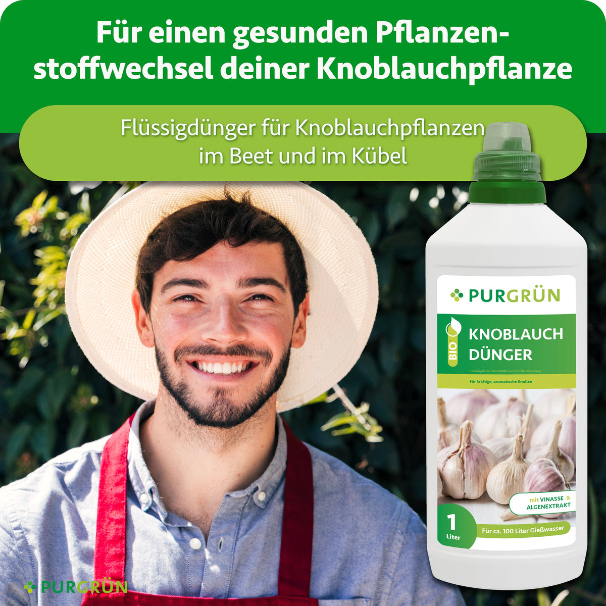 Flüssigdünger für Knoblauchpflanzen im Beet und Kübel, dargestellt mit einem Gärtner und der 1-Liter-Flasche.