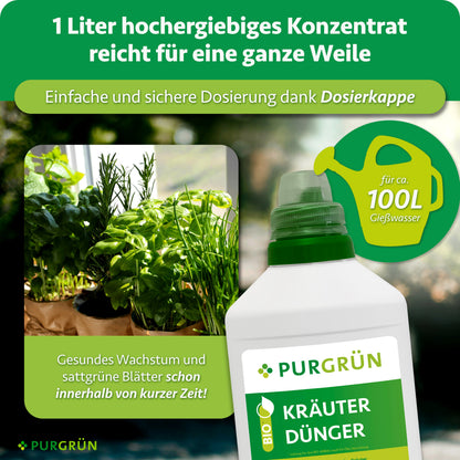 1 Liter Konzentrat reicht für ca. 100 Liter Gießwasser. Die Dosierkappe ermöglicht eine einfache und sichere Dosierung.