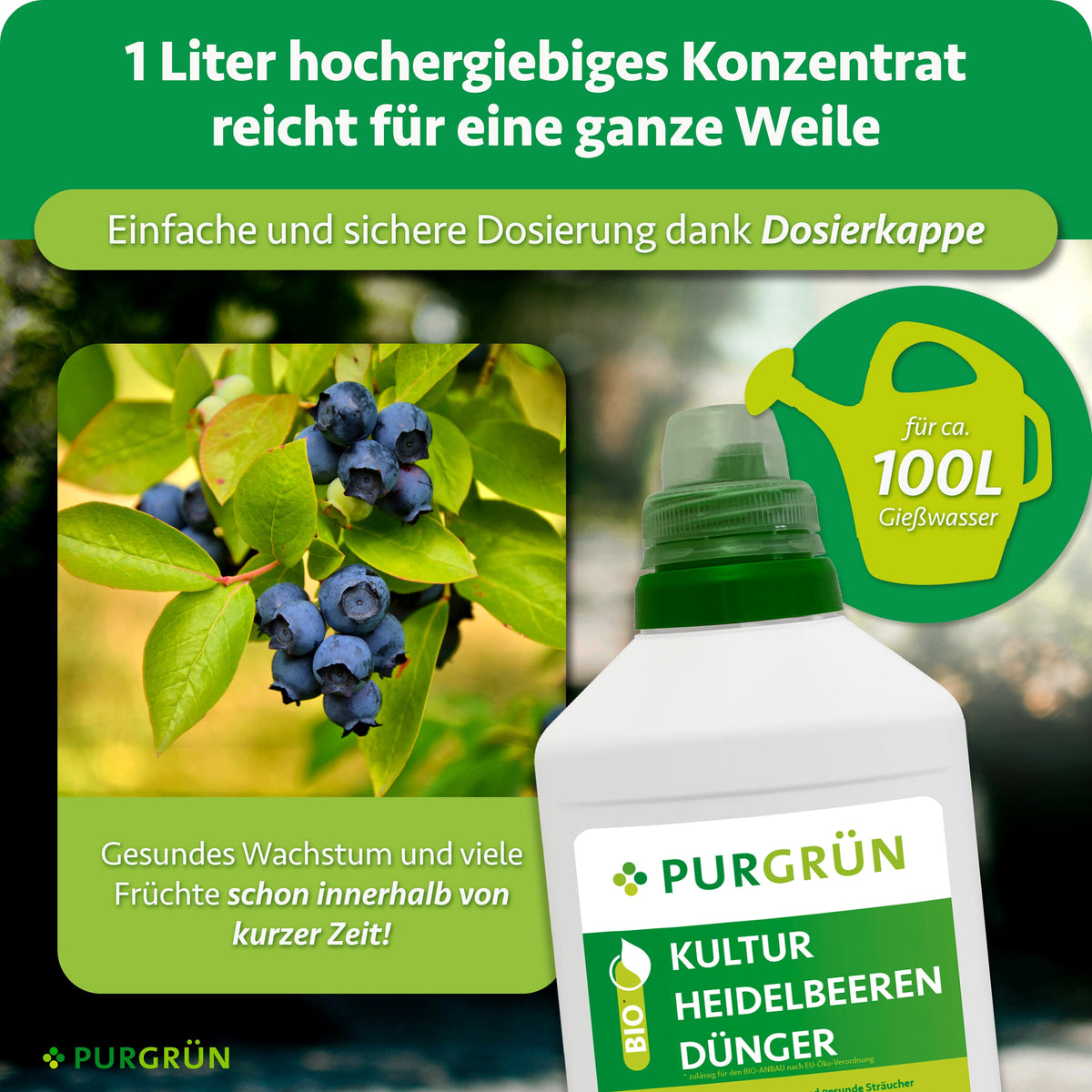 1 Liter Konzentrat reicht für ca. 100 Liter Gießwasser; die Dosierkappe ermöglicht eine einfache und sichere Dosierung.