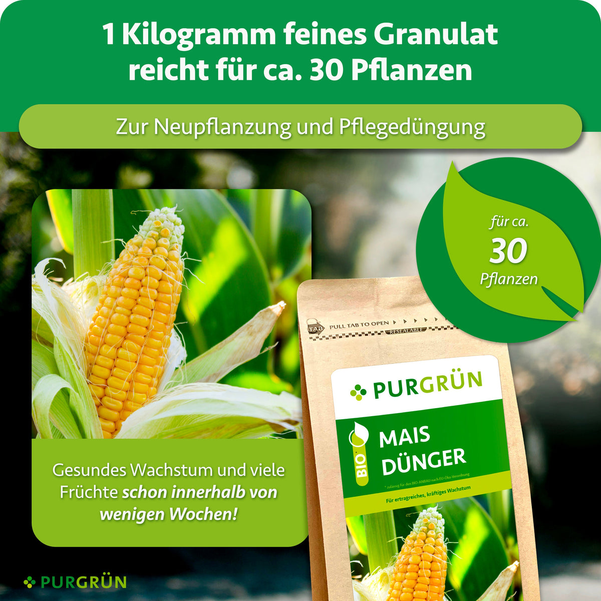 1 kg feines Granulat reicht zur Neu- und Pflegedüngung für ca. 30 Pflanzen. Beworben werden gesundes Wachstum und viele Früchte innerhalb weniger Wochen.