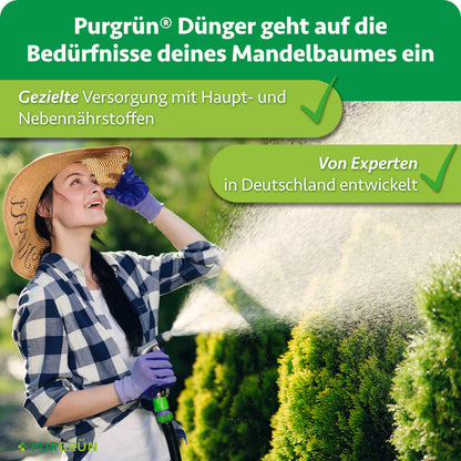 Purgrün Bio-Mandelbaum-Dünger: gezielte Versorgung mit Haupt- und Nebennährstoffen, von Experten in Deutschland entwickelt.