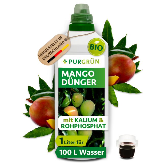 Purgrün Bio-Mango-Dünger, 1 Liter, mit Dosierkappe; Konzentrat für ca. 100 Liter Gießwasser.