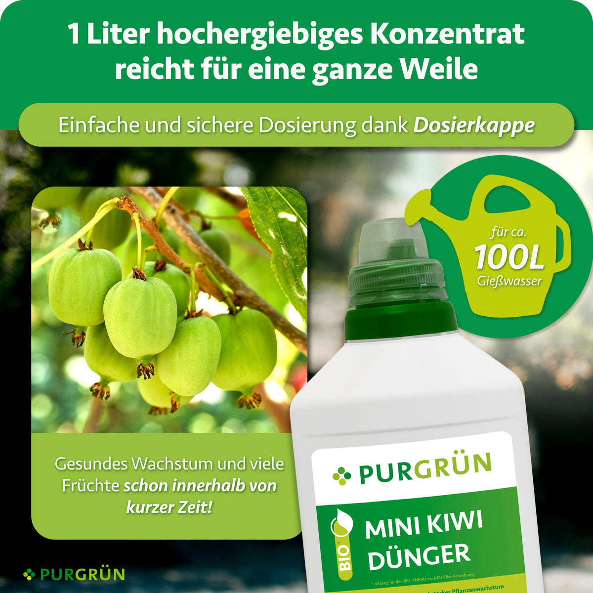 1 Liter hochergiebiges Konzentrat mit Dosierkappe reicht für ca. 100 Liter Gießwasser.