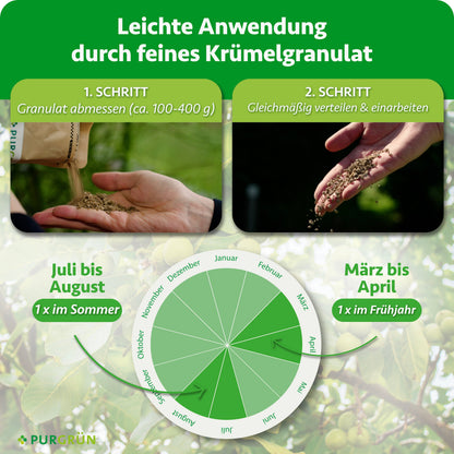 Ca. 100–400 g Granulat abmessen, gleichmäßig verteilen und einarbeiten. Je einmal von März bis April und von Juli bis August düngen.