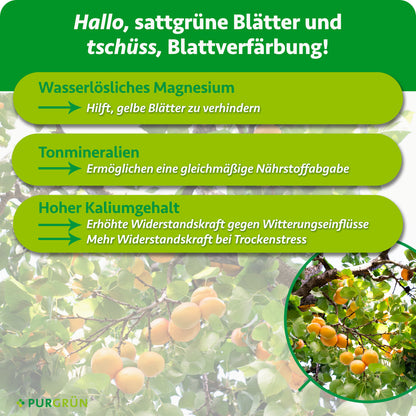 Wasserlösliches Magnesium hilft, gelbe Blätter zu verhindern, Tonmineralien ermöglichen eine gleichmäßige Nährstoffabgabe und ein hoher Kaliumgehalt stärkt die Widerstandskraft gegen Witterungseinflüsse.