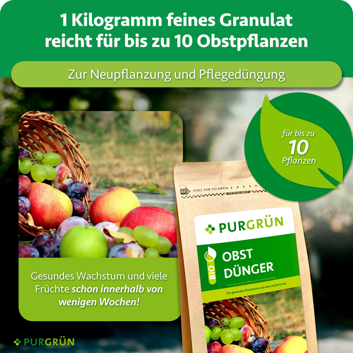 Ein Kilogramm feines Granulat reicht zur Neupflanzung und Pflegedüngung von bis zu 10 Obstpflanzen.