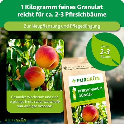 1 kg feines Granulat reicht für ca. 2–3 Pfirsichbäume und eignet sich zur Neupflanzung sowie Pflegedüngung.