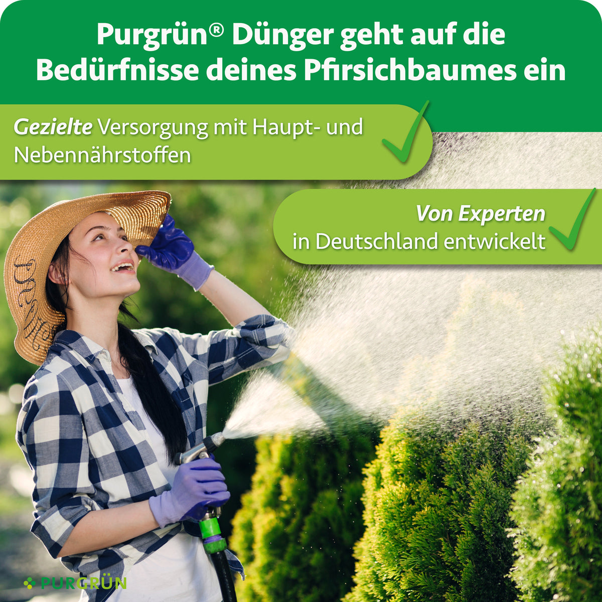 Purgrün Bio-Pfirsichbaum-Dünger: gezielte Versorgung mit Haupt- und Nebennährstoffen, von Experten in Deutschland entwickelt.