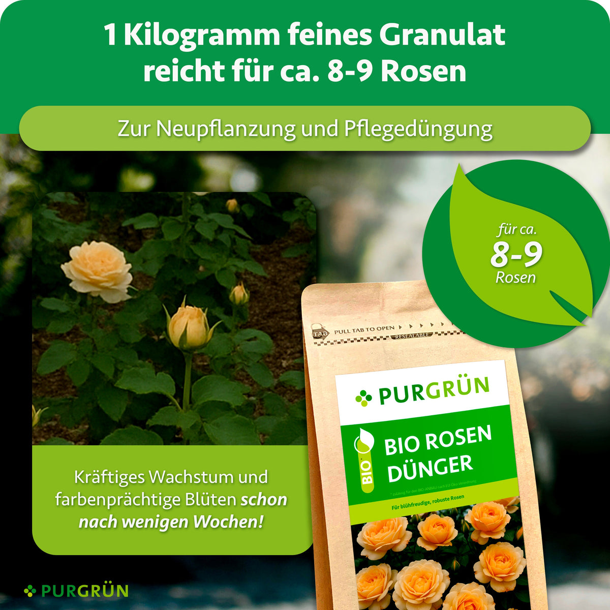 1 Kilogramm feines Granulat reicht für ca. 8–9 Rosen und dient zur Neupflanzung und Pflegedüngung.