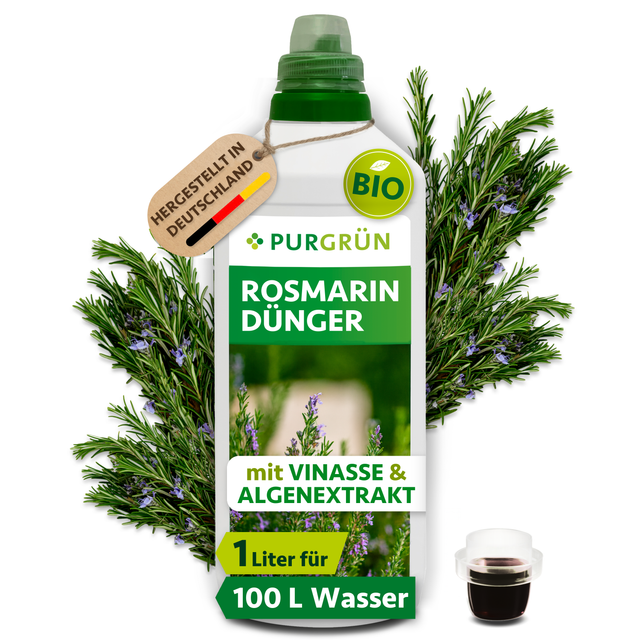 1-Liter-Flasche Purgrün Bio-Rosmarin-Dünger mit Dosierkappe und Rosmarinzweigen; reicht für ca. 100 Liter Gießwasser.