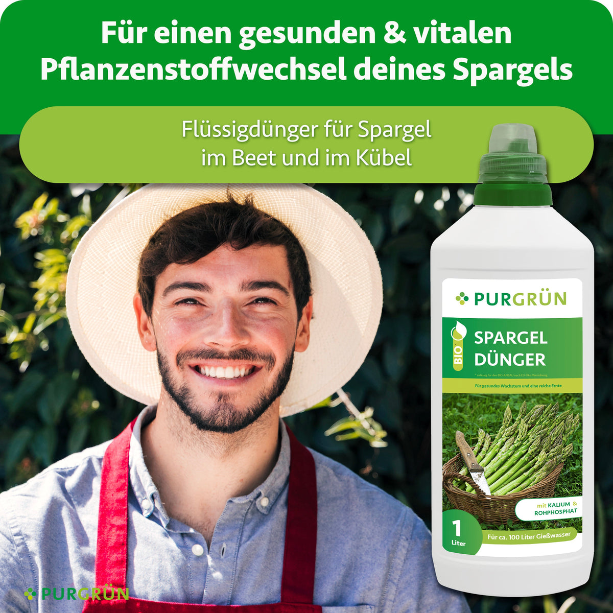 Flüssigdünger für Spargel im Beet und Kübel, für einen gesunden und vitalen Pflanzenstoffwechsel; daneben die 1-Liter-Flasche.