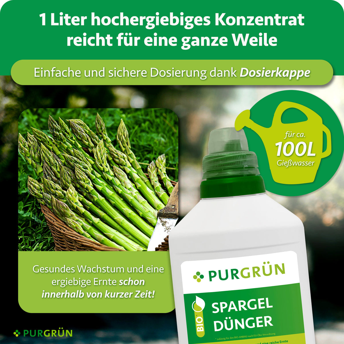 1 Liter hochergiebiges Konzentrat reicht für ca. 100 Liter Gießwasser; die Dosierkappe ermöglicht eine einfache und sichere Dosierung.