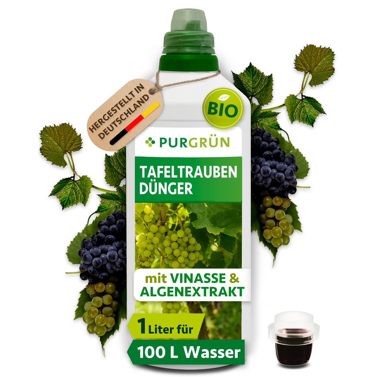 Purgrün Bio-Tafeltrauben-Dünger in der 1-Liter-Flasche, umrahmt von Trauben; reicht für ca. 100 Liter Gießwasser.