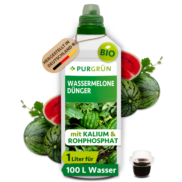 Purgrün Bio-Wassermelone-Dünger, 1 Liter, mit Dosierkappe; reicht laut Etikett für ca. 100 Liter Gießwasser.