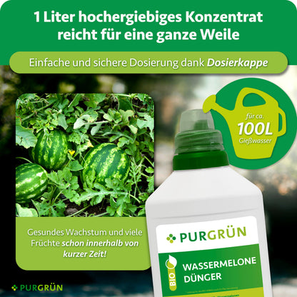 1 Liter Konzentrat mit Dosierkappe reicht für ca. 100 Liter Gießwasser und wird mit gesundem Wachstum und vielen Früchten in kurzer Zeit beworben.