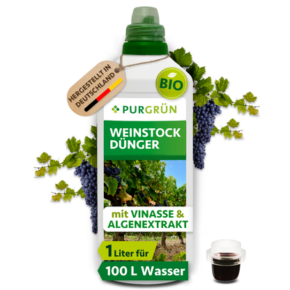 Purgrün Bio-Weinstock-Dünger im 1-Liter-Gebinde mit Dosierkappe, Weinlaub und dunklen Trauben; Anhänger „Hergestellt in Deutschland“.