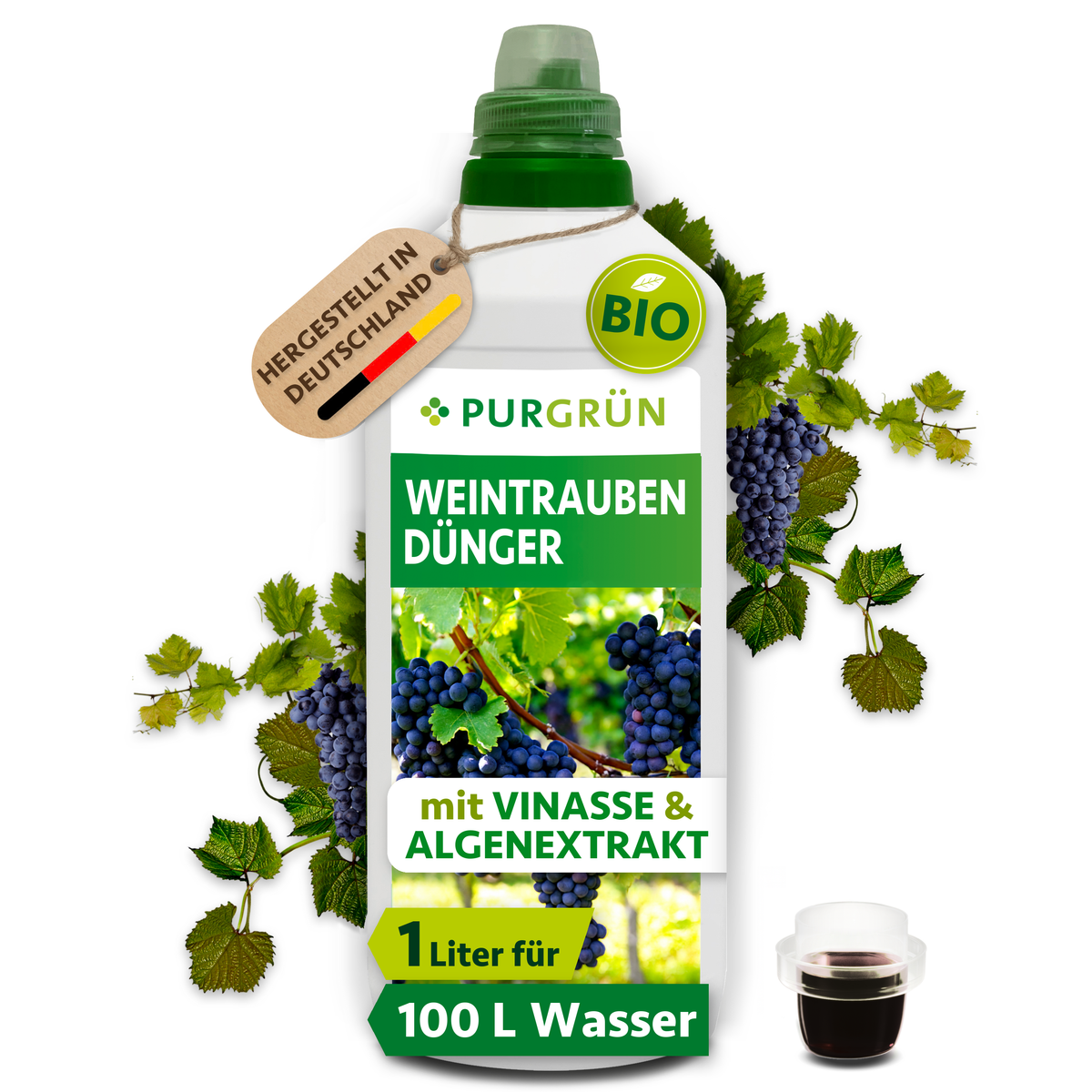 Purgrün Bio-Weintrauben-Dünger im 1-Liter-Kanister mit Dosierkappe und Trauben; ausreichend für ca. 100 Liter Gießwasser.