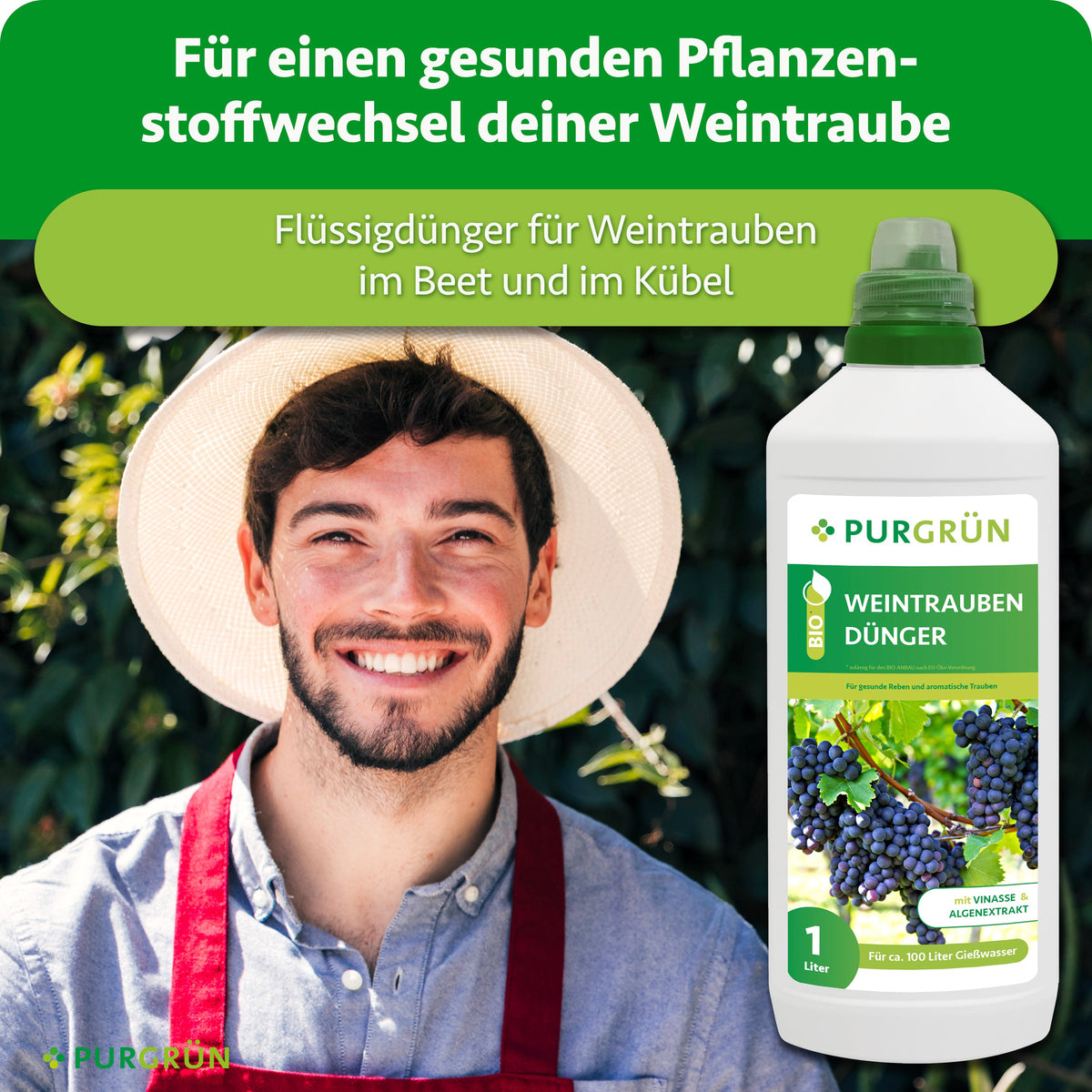 Flüssigdünger für Weintrauben im Beet und Kübel, laut Darstellung für einen gesunden Pflanzenstoffwechsel; daneben ein Gärtner und die 1-Liter-Flasche.