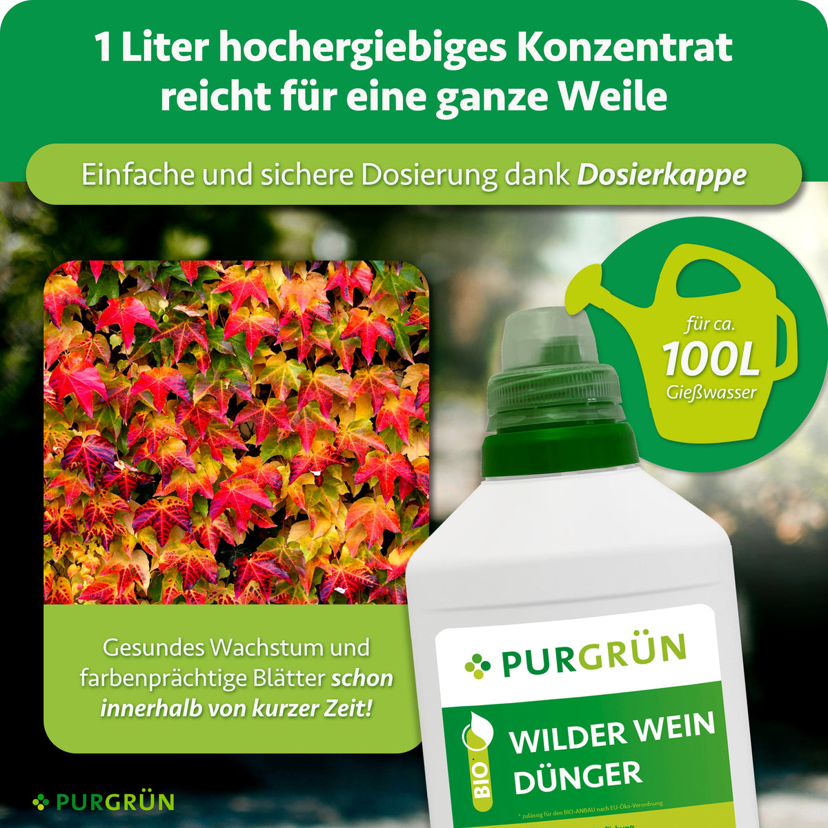 1 Liter hochergiebiges Konzentrat reicht für ca. 100 Liter Gießwasser; die Dosierkappe ermöglicht eine einfache und sichere Dosierung.