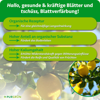 Organische Rezeptur für eine gleichmäßige Langzeitwirkung, organische Substanz fördert das Bodenleben; hoher Kaliumgehalt unterstützt Widerstandskraft, Reife und Fruchtqualität.