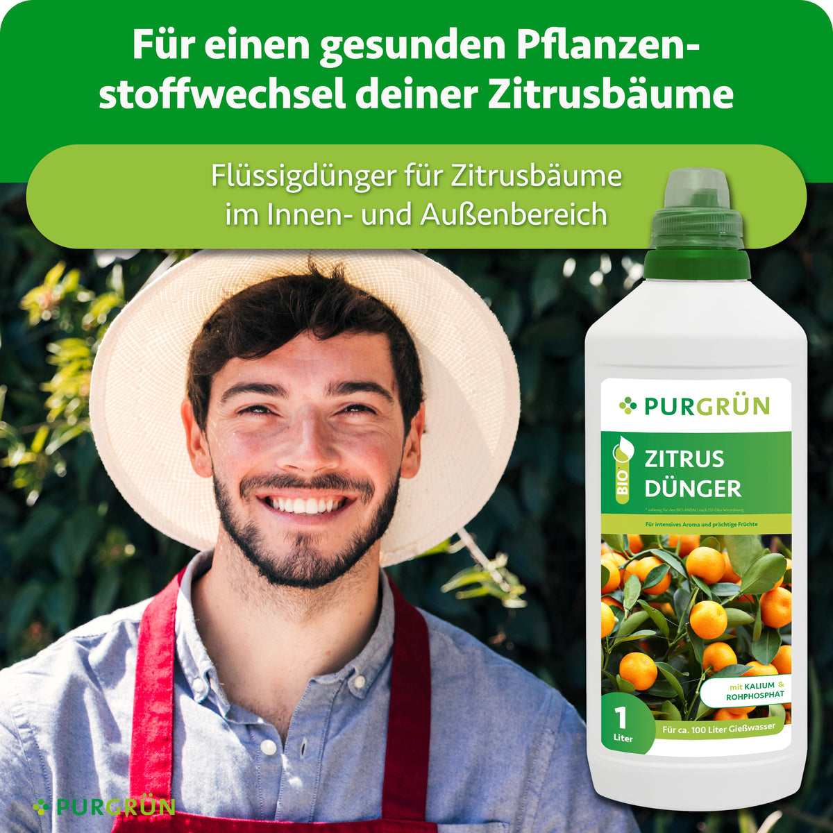 Flüssigdünger für einen gesunden Pflanzenstoffwechsel bei Zitrusbäumen im Innen- und Außenbereich, gezeigt neben einem Gärtner.