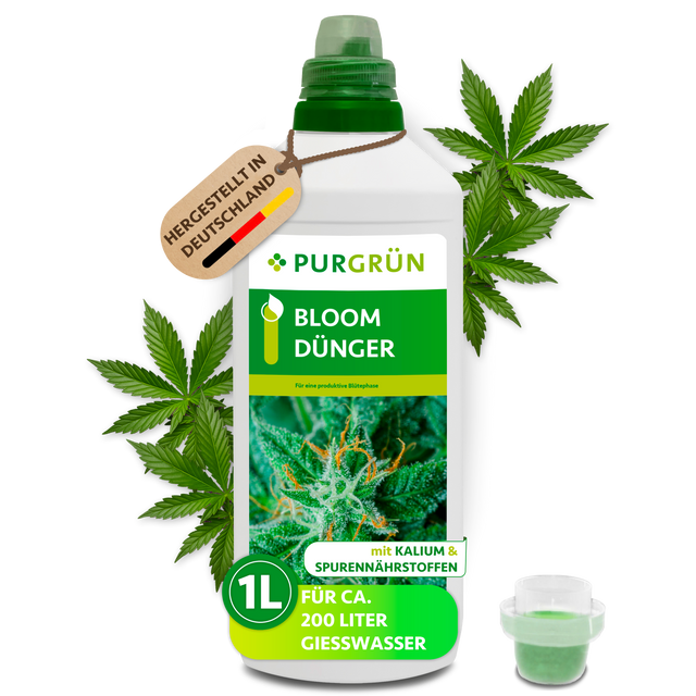 Eine Flasche Purgrün Bloom-Dünger 1 Liter mit grünen Blättern im Hintergrund, einer Dosierkappe davor und einem Anhänger mit der Aufschrift „Hergestellt in Deutschland“. Mit Kalium und Spurennährstoffen, für ca. 200 Liter Gießwasser.