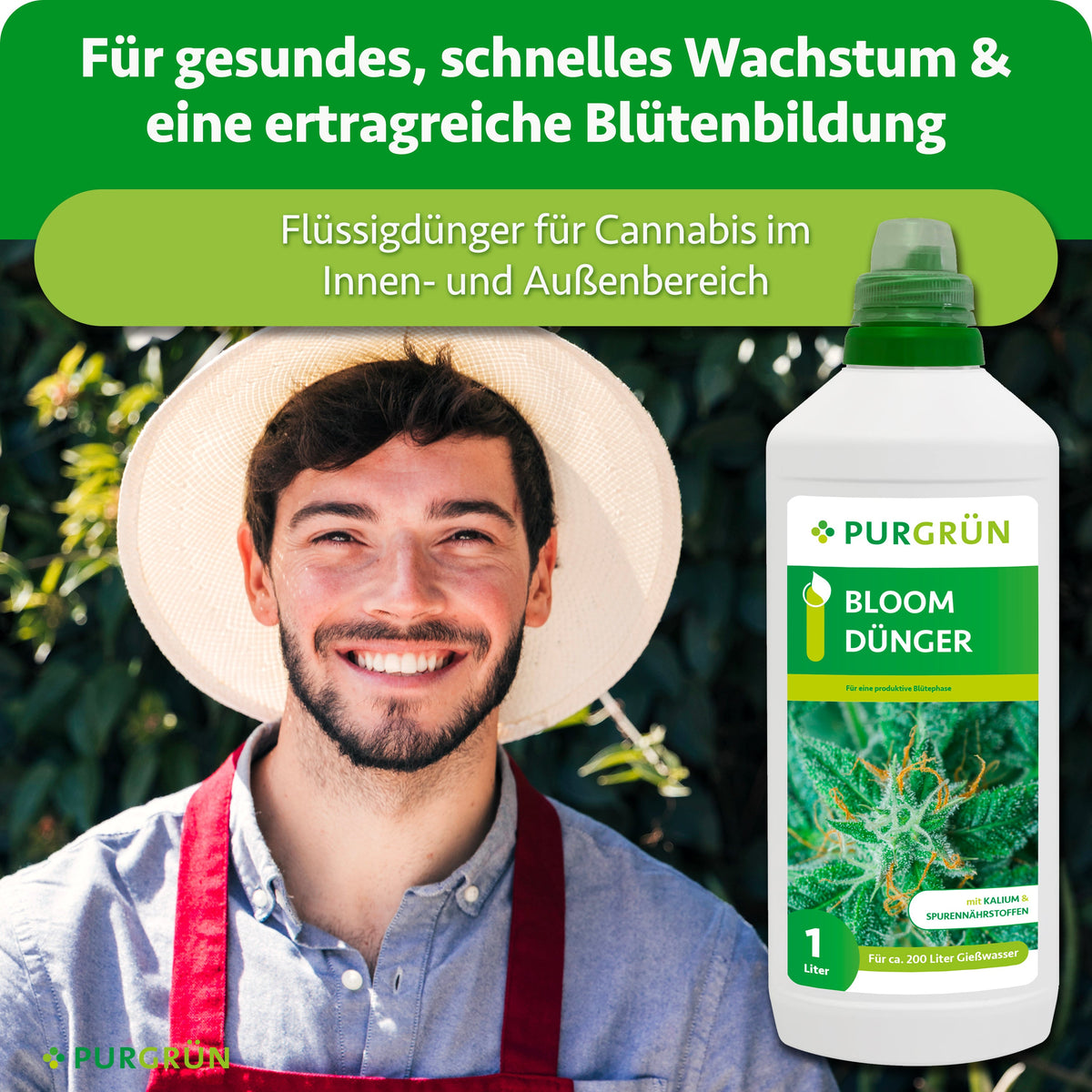 Ein lächelnder Mann mit einer roten Mütze steht im Freien neben einer Flasche Purgrün Cannabis Bloom-Dünger 1 Liter. Darüber steht ein grüner Text, der die Vorteile für gesundes Wachstum und üppige Cannabisblüten hervorhebt.