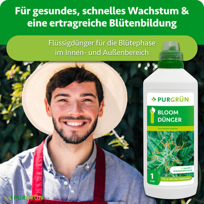 Ein lächelnder Mann mit Strohhut und roter Schürze neben einer Flasche Purgrün Bloom-Dünger 1 Liter. Text: Für gesundes, schnelles Wachstum und eine ertragreiche Blütenbildung – Flüssigdünger für die Blütephase im Innen- und Außenbereich.