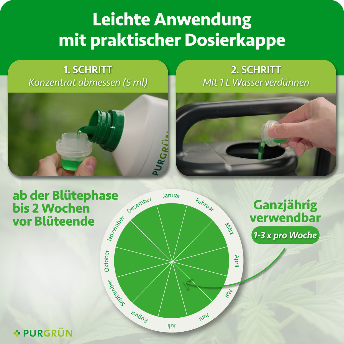 Anwendung des Bloom-Düngers: 5 ml Konzentrat mit der Dosierkappe abmessen und mit 1 l Wasser verdünnen. Ab der Blütephase bis 2 Wochen vor Blüteende, ganzjährig verwendbar, 1–3-mal pro Woche.