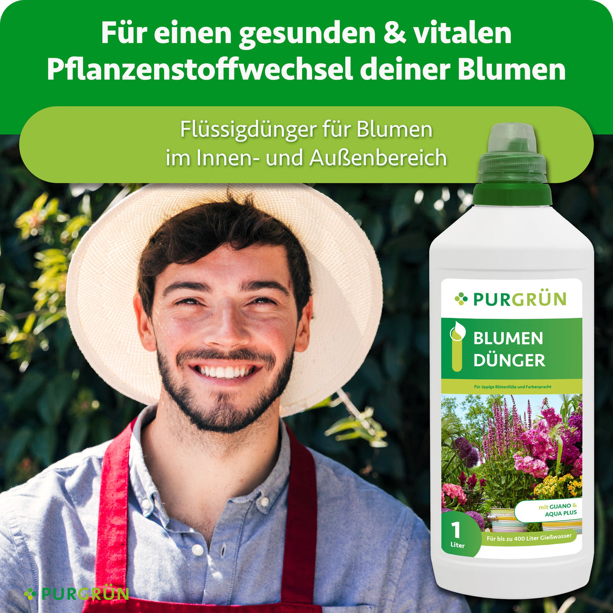 Flüssiger Purgrün Blumendünger für einen gesunden, vitalen Pflanzenstoffwechsel bei Blumen im Innen- und Außenbereich.
