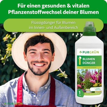 Flüssiger Purgrün Blumendünger für einen gesunden, vitalen Pflanzenstoffwechsel bei Blumen im Innen- und Außenbereich.