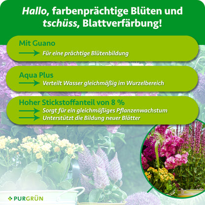 Mit Guano für eine prächtige Blütenbildung. Aqua Plus verteilt Wasser gleichmäßig im Wurzelbereich. 8 % Stickstoff unterstützen gleichmäßiges Pflanzenwachstum und die Bildung neuer Blätter.