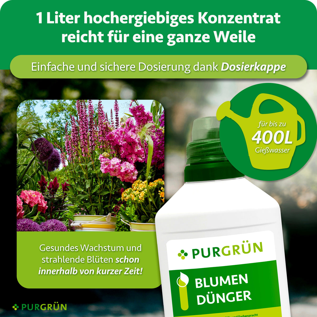 1 Liter hochergiebiges Blumendünger-Konzentrat mit Dosierkappe reicht für bis zu 400 Liter Gießwasser.