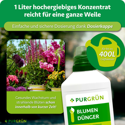 1 Liter hochergiebiges Blumendünger-Konzentrat mit Dosierkappe reicht für bis zu 400 Liter Gießwasser.