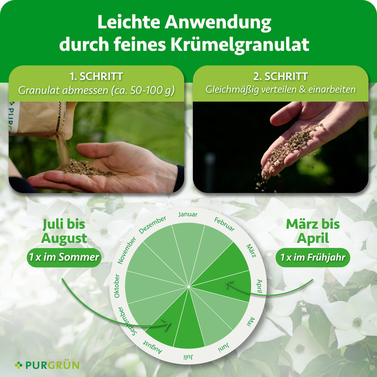 Anwendung: ca. 50–100 g Granulat abmessen, gleichmäßig verteilen und einarbeiten. Je einmal im Frühjahr von März bis April und im Sommer von Juli bis August düngen.